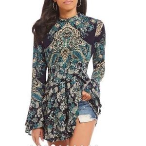 Free People Lady Luck Paisley Bell Sleeve Tunic in Blue Combo, Size XSmall